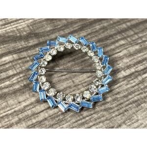 Vintage Carl Art Sterling Silver Blue Baguette Clear Round Rhinestone Brooch Pin